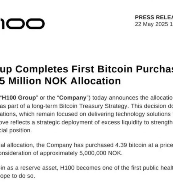 Swedish Healthcare Firm H100 Group Buys 4.39 BTC, Becomes Sweden's First Public Bitcoin Treasury Company