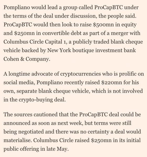 Anthony Pompliano to Lead ProCapBTC $750 Million Bitcoin Vehicle: FT