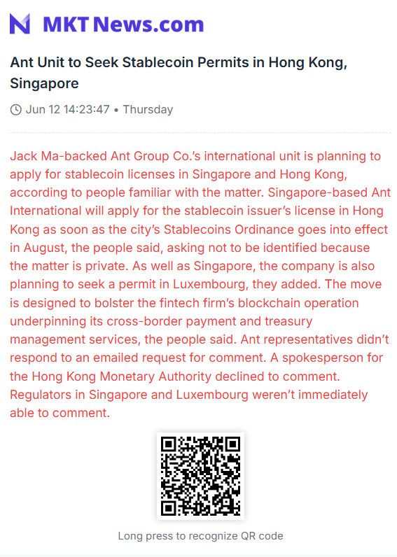 Jack Ma-Backed Ant Group to Seek Stablecoin Licenses in Hong Kong, Singapore, Luxembourg: Bloomberg