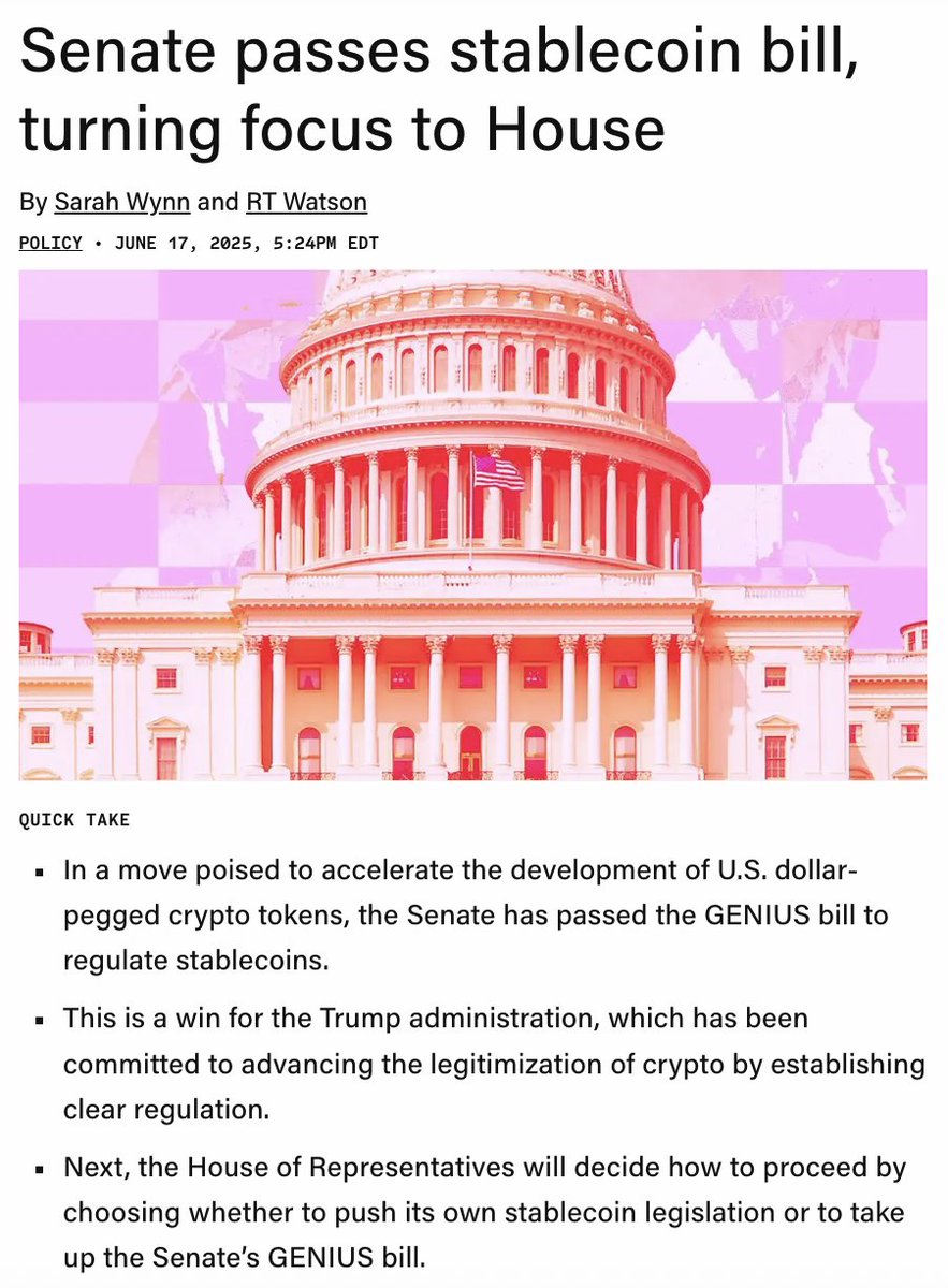 Senate Passes GENIUS Stablecoin Bill 68-30, First Federal Crypto Rules Now Head to House