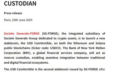 Societe Generale Launches USD CoinVertible Stablecoin With BNY Mellon, Trading in July