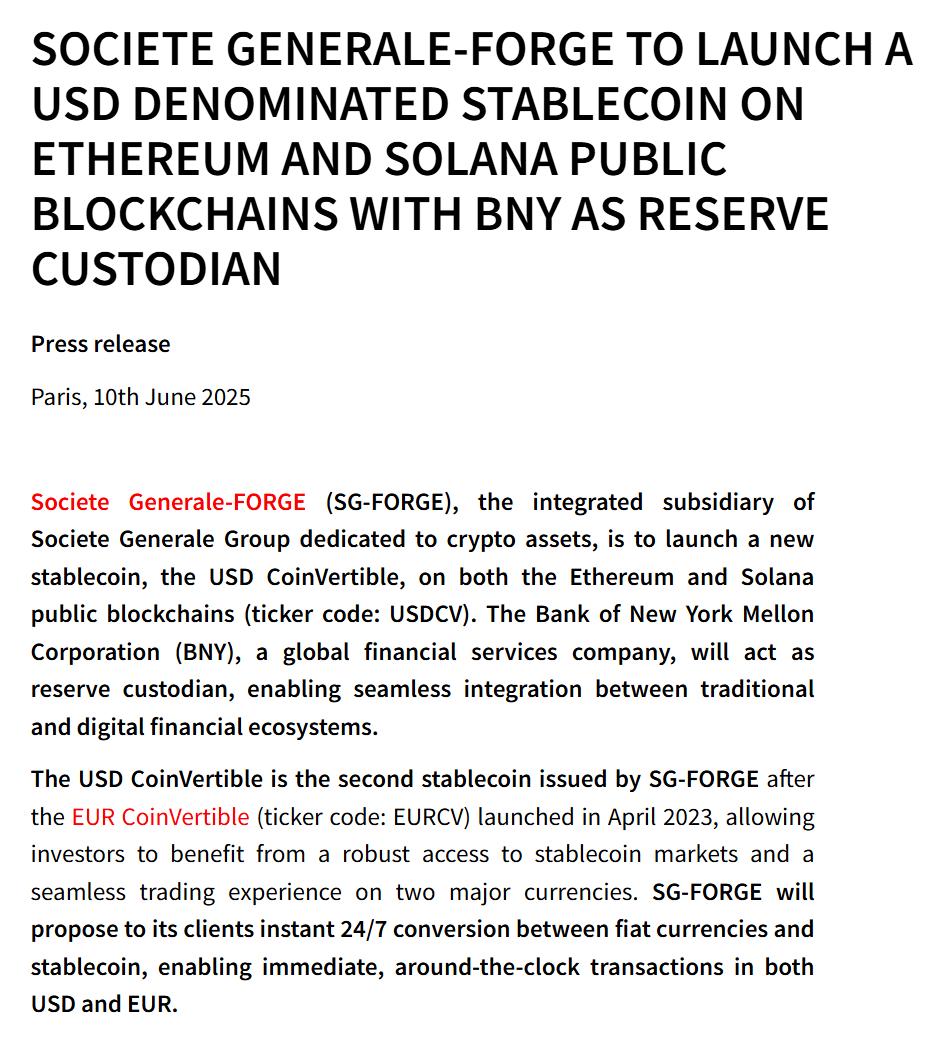 Societe Generale Launches USD CoinVertible Stablecoin With BNY Mellon, Trading in July