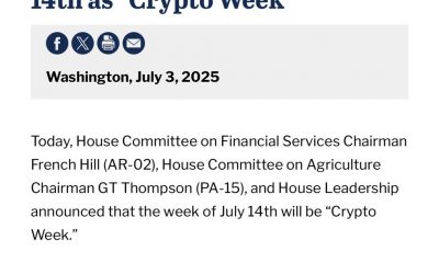 US House Sets July 14-18 ‘Crypto Week’ to Vote on Three Digital-Asset Bills