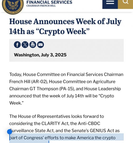 US House Sets July 14-18 ‘Crypto Week’ to Vote on Three Digital-Asset Bills