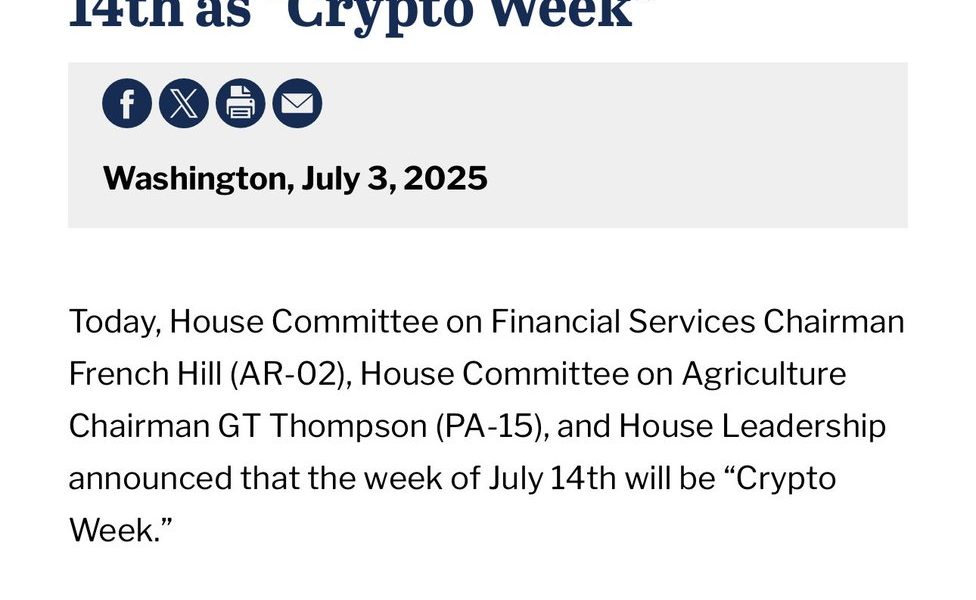 US House Sets July 14-18 ‘Crypto Week’ to Vote on Three Digital-Asset Bills