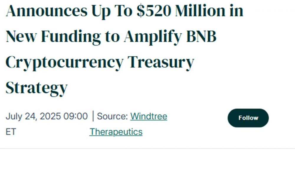 Windtree Therapeutics Plans $520 Million Raise, 99% for BNB, Secures $500M Equity Line, Uses Kraken Custody