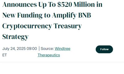 Windtree Therapeutics Plans $520 Million Raise, 99% for BNB, Secures $500M Equity Line, Uses Kraken Custody