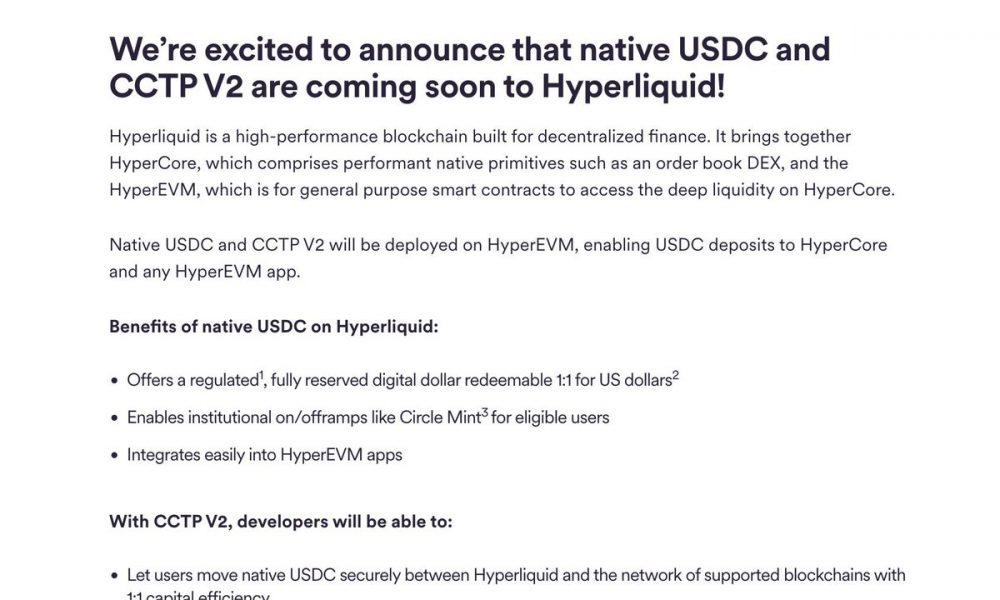 Circle Extends Native USDC to Sei and Hyperliquid in Cross-Chain Push