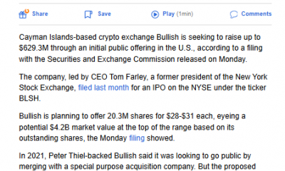 Crypto Exchange Bullish Seeks $4.2 B Valuation in US IPO