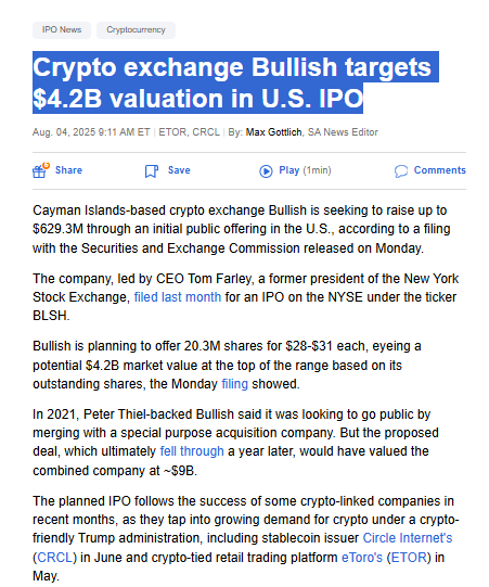 Crypto Exchange Bullish Seeks $4.2 B Valuation in US IPO