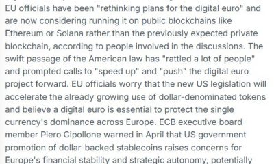EU Weighs Public Blockchain for Digital Euro After US Stablecoin Law