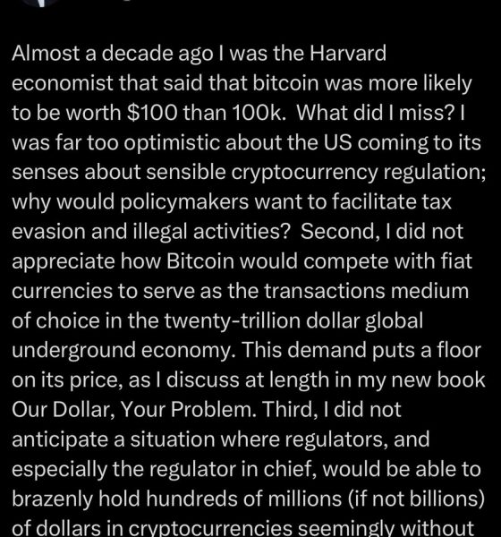 Harvard’s Rogoff Concedes 2018 Bitcoin Call Miss as Price Tops $113,000