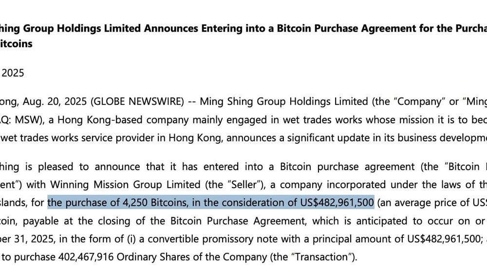Hong Kong’s Ming Shing Group to Buy $483 Million in Bitcoin