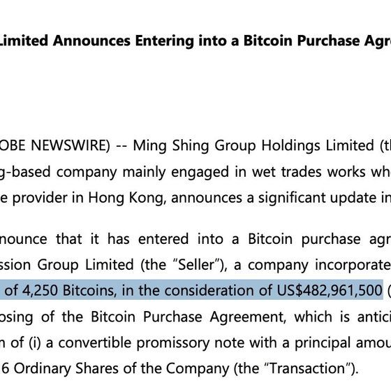 Hong Kong’s Ming Shing Group to Buy $483 Million in Bitcoin