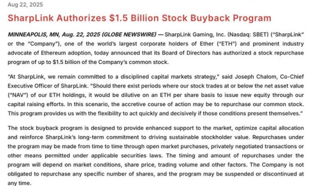 SharpLink Gaming Approves $1.5 Billion Share Buyback
