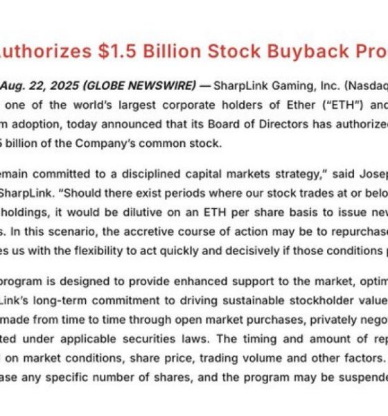 SharpLink Gaming Approves $1.5 Billion Share Buyback
