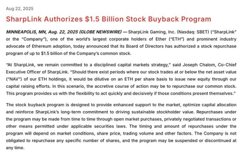 SharpLink Gaming Approves $1.5 Billion Share Buyback