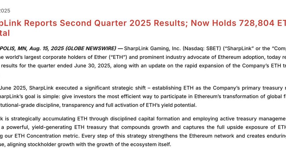 SharpLink Raises $400 Million as Ethereum Treasury Swells to $3.3 Billion