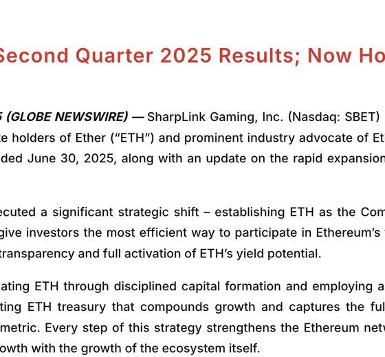 SharpLink Raises $400 Million as Ethereum Treasury Swells to $3.3 Billion