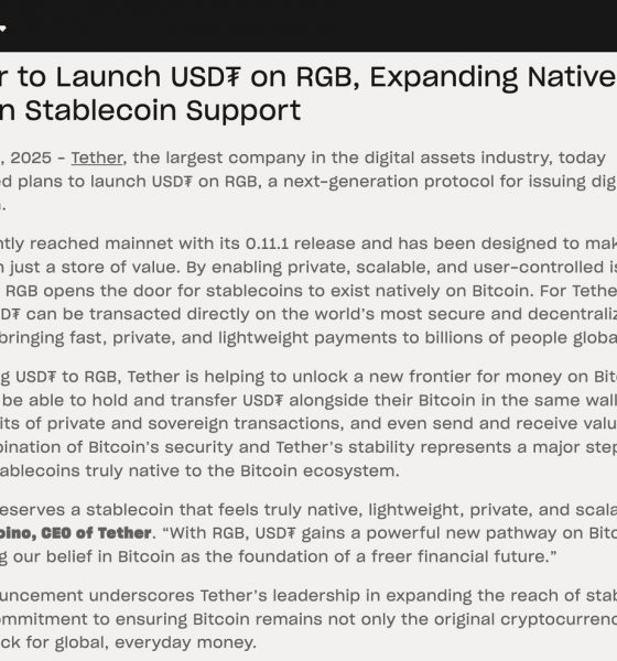 Tether to Launch USDT Natively on Bitcoin via RGB