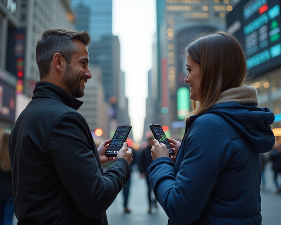 Two Happy People Holding SmartPhones
