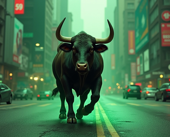 A Strong Bull Roaming in the City in a Green Atmosphere