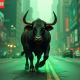 A Strong Bull Roaming in the City in a Green Atmosphere