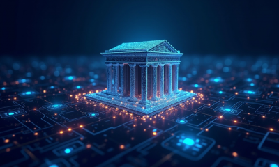 /invezz2 create an image showing modern bank building connected by glowing digital lines to a stylized blockchain network. Include Chainlink and Swift logos