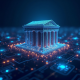 /invezz2 create an image showing modern bank building connected by glowing digital lines to a stylized blockchain network. Include Chainlink and Swift logos