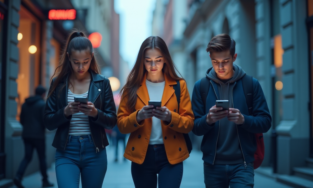 Teens Walking in the City While Using Smartphones