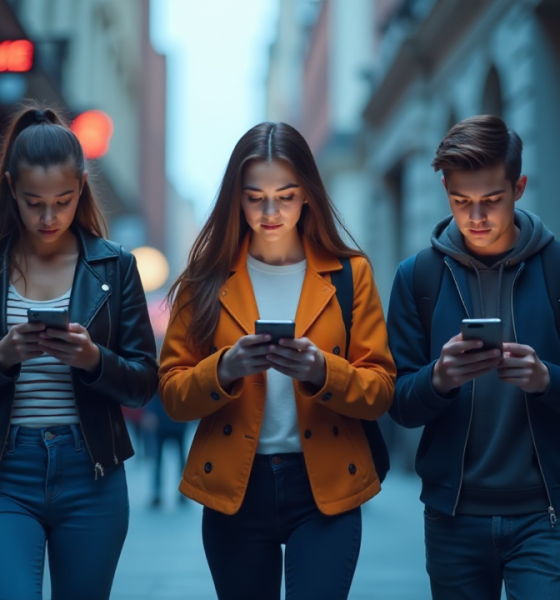 Teens Walking in the City While Using Smartphones