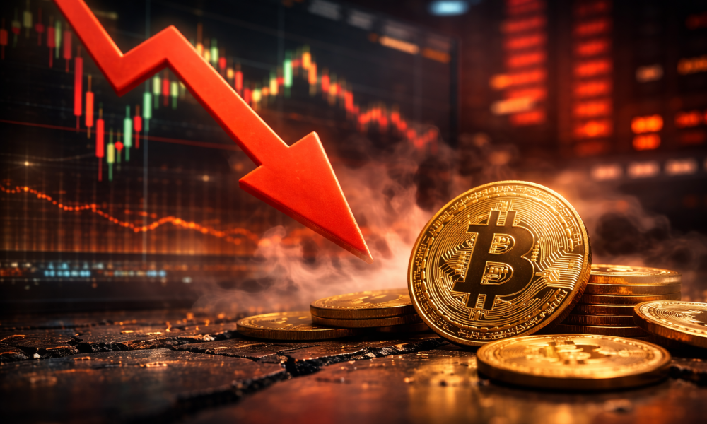 Bitcoin coins with a downward market trend visualised by a falling arrow and trading charts in the background.