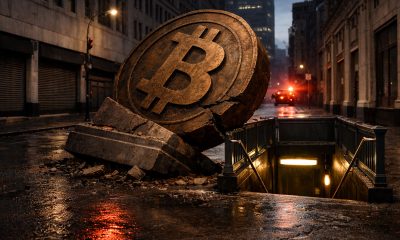 Cracked Bitcoin monument collapsing into a city street near a subway entrance under red emergency lights, illustrating fears of a sharp weekend price drop toward $61,000