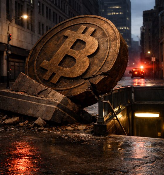 Cracked Bitcoin monument collapsing into a city street near a subway entrance under red emergency lights, illustrating fears of a sharp weekend price drop toward $61,000