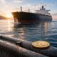 Bitcoin coin on a dock as an oil tanker passes at sunrise, reflecting easing supply shock and a potential price breakout toward lower oil levels