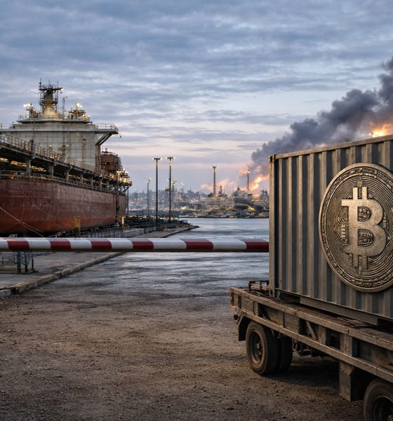 Bitcoin container halted at a port checkpoint as smoke rises in the distance, reflecting how escalating Iran war fears are weighing on the crypto market