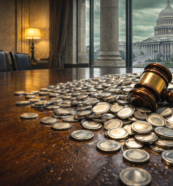 Gavel on a conference table covered with coins overlooking the US Capitol, illustrating the broader congressional battle behind stablecoin legislation