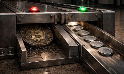 Bitcoin coin stopped at a metal gate while smaller tokens pass through, illustrating Congress targeting crypto wash-sale rules while favoring stablecoin tax treatment