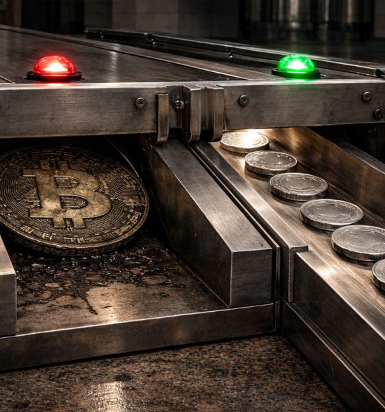 Bitcoin coin stopped at a metal gate while smaller tokens pass through, illustrating Congress targeting crypto wash-sale rules while favoring stablecoin tax treatment