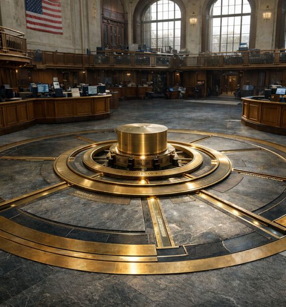 Institutional trading floor built around a vault-like circular mechanism, symbolizing Wall Street’s growing push to control tokenization on its own terms