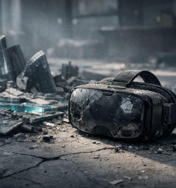 Abandoned VR headset in a crumbling digital cityscape, symbolizing metaverse land crash as a once $24M virtual plot falls to $9,000