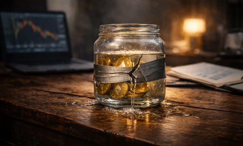Glass jar filled with crypto coins leaking water on a desk, symbolizing hidden liquidity risks facing liquid crypto funds in DeFi