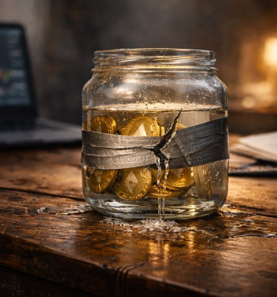 Glass jar filled with crypto coins leaking water on a desk, symbolizing hidden liquidity risks facing liquid crypto funds in DeFi