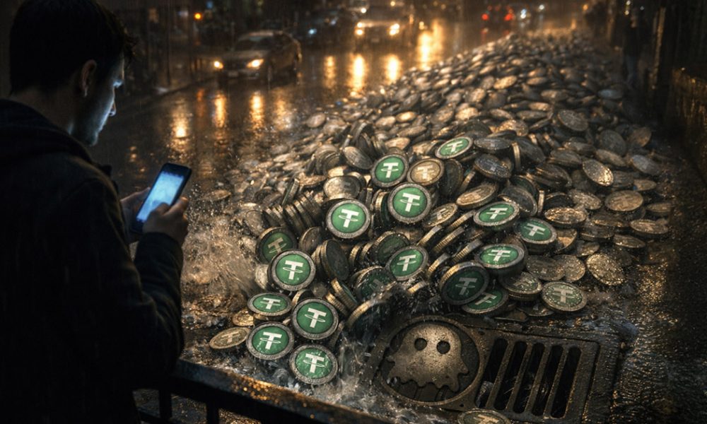 Pile of stablecoins spilling into a city storm drain as a trader checks a phone in the rain, symbolizing how a single crypto swap mistake can drain nearly all funds while trading bots capture the remaining value