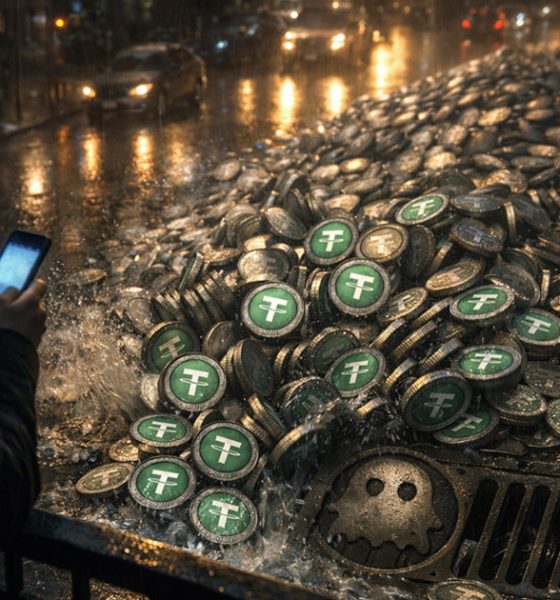 Pile of stablecoins spilling into a city storm drain as a trader checks a phone in the rain, symbolizing how a single crypto swap mistake can drain nearly all funds while trading bots capture the remaining value