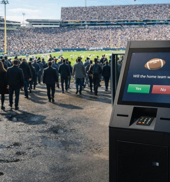 Crowd entering a packed stadium beside a sports prediction kiosk highlights how booming demand for betting markets could strain and destabilize the industry