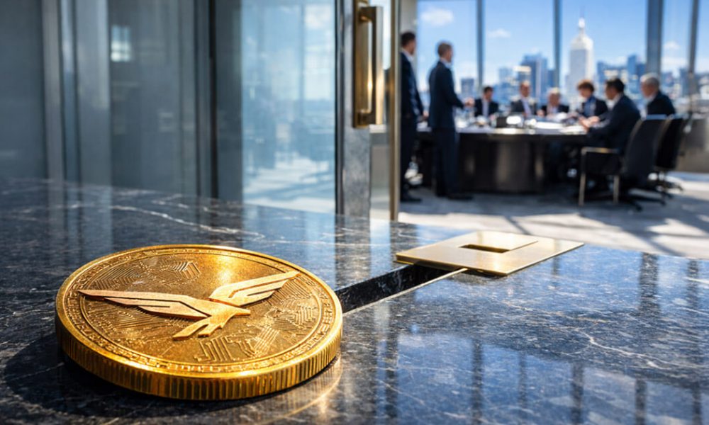WLFI cryptocurrency coin placed on a boardroom table outside a high-level executive meeting, symbolizing the Trump-backed project offering guaranteed direct access to investors for $5 million