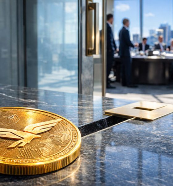 WLFI cryptocurrency coin placed on a boardroom table outside a high-level executive meeting, symbolizing the Trump-backed project offering guaranteed direct access to investors for $5 million