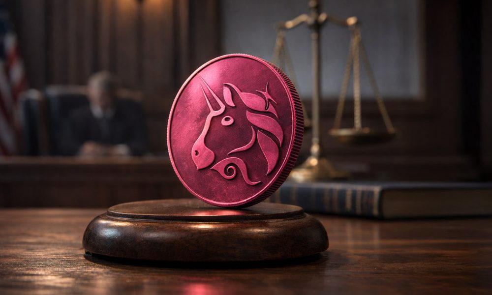 Uniswap token displayed on a judge’s gavel block inside a courtroom, symbolizing Uniswap defeating fraud claims and a ruling that could reshape liability for online scams