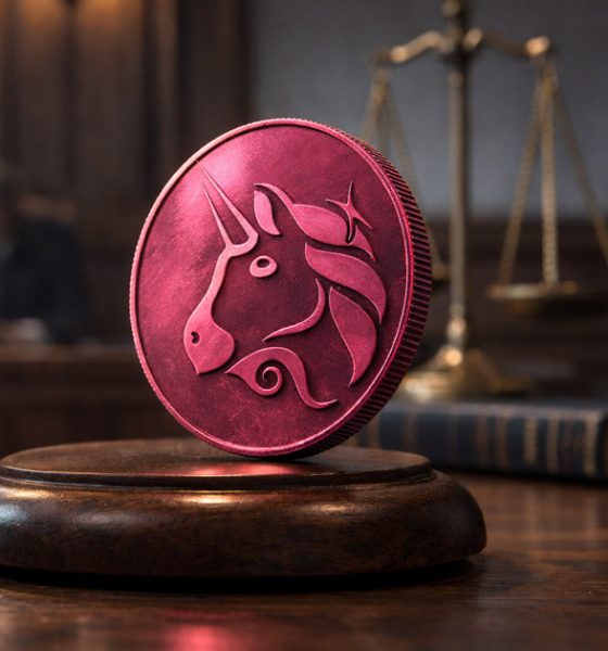 Uniswap token displayed on a judge’s gavel block inside a courtroom, symbolizing Uniswap defeating fraud claims and a ruling that could reshape liability for online scams